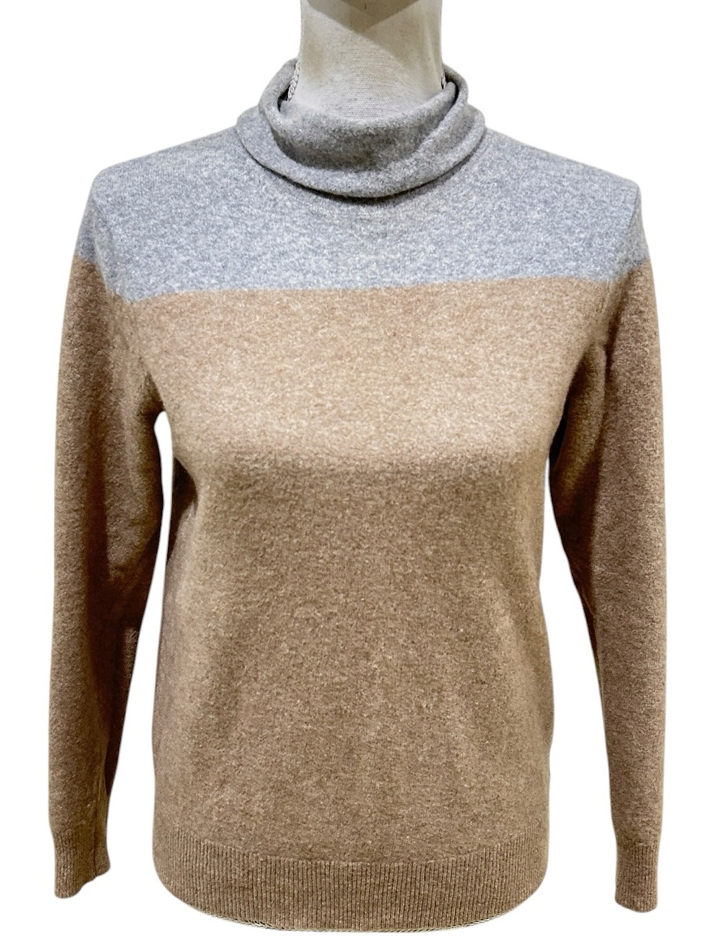 Theory Two-Tone colorblock Turtleneck cashmere Sweater Gray & Camel medium